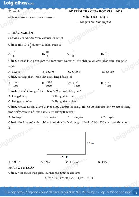 Đề kiểm tra giữa kì 1 Toán 5 - Đề số 4